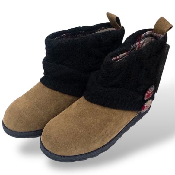 MUK LUKS Patti Cable Knit Sweater Cuff Booties 7 Red Gray Plaid Brown Black - Picture 3 of 7